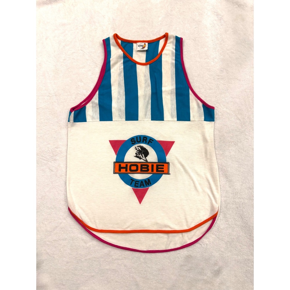 Vintage Hobie Surf Team Tank Top Mens Large Striped Ringer USA Made H80197